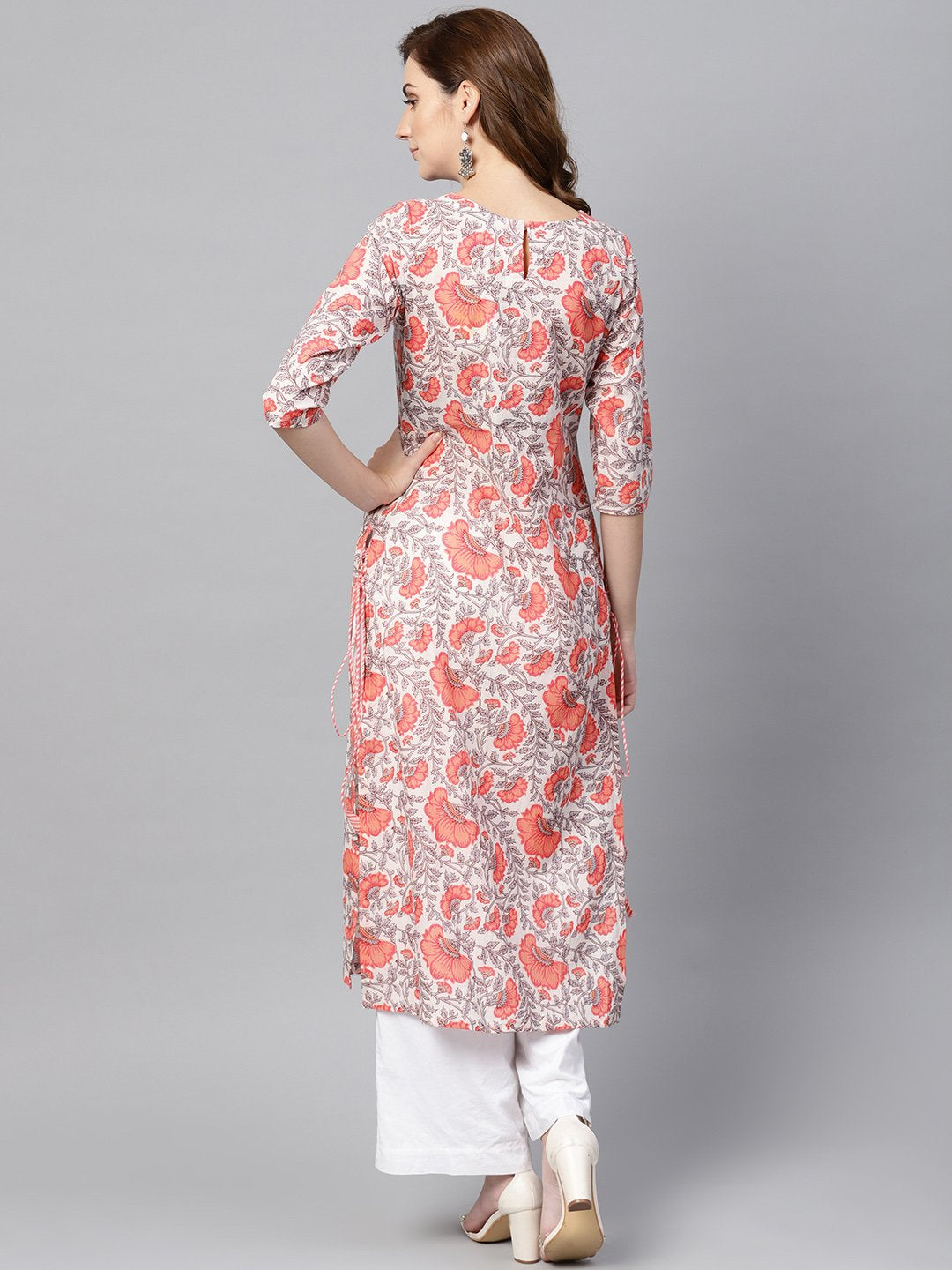 Women White & Coral Pink Floral Print Straight Kurta | NOZ2TOZ - Made In INDIA.