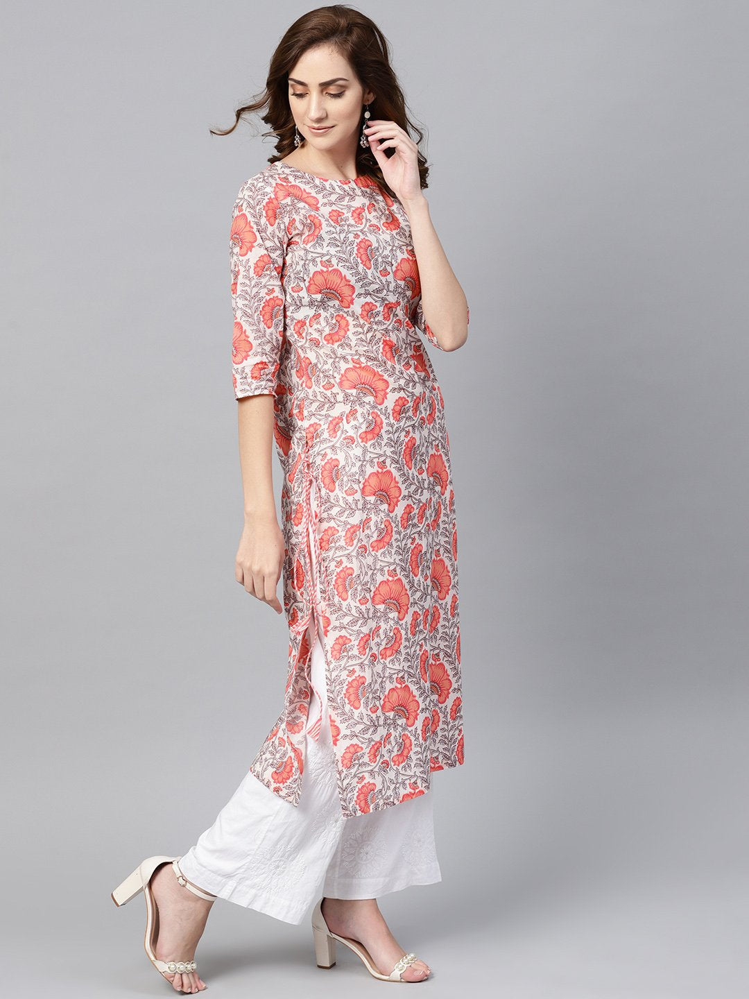 Women White & Coral Pink Floral Print Straight Kurta | NOZ2TOZ - Made In INDIA.