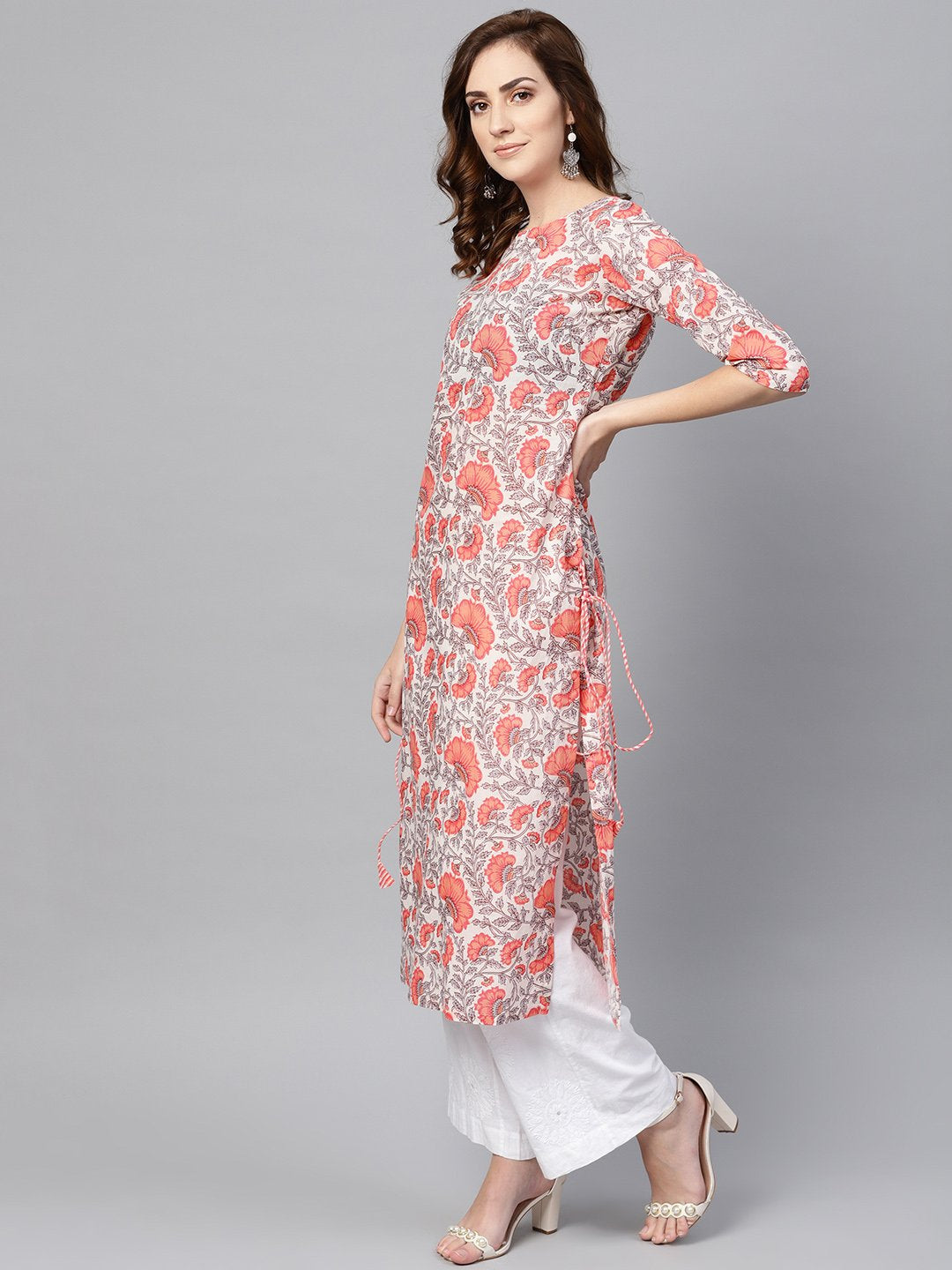 Women White & Coral Pink Floral Print Straight Kurta | NOZ2TOZ - Made In INDIA.