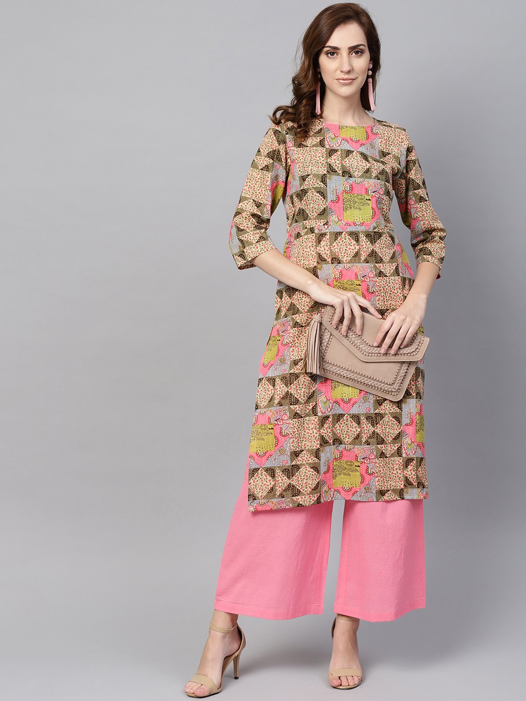 Beige Multi Colored Straight Kurta Set with Solid Light Pink Pants | NOZ2TOZ - Made In INDIA.