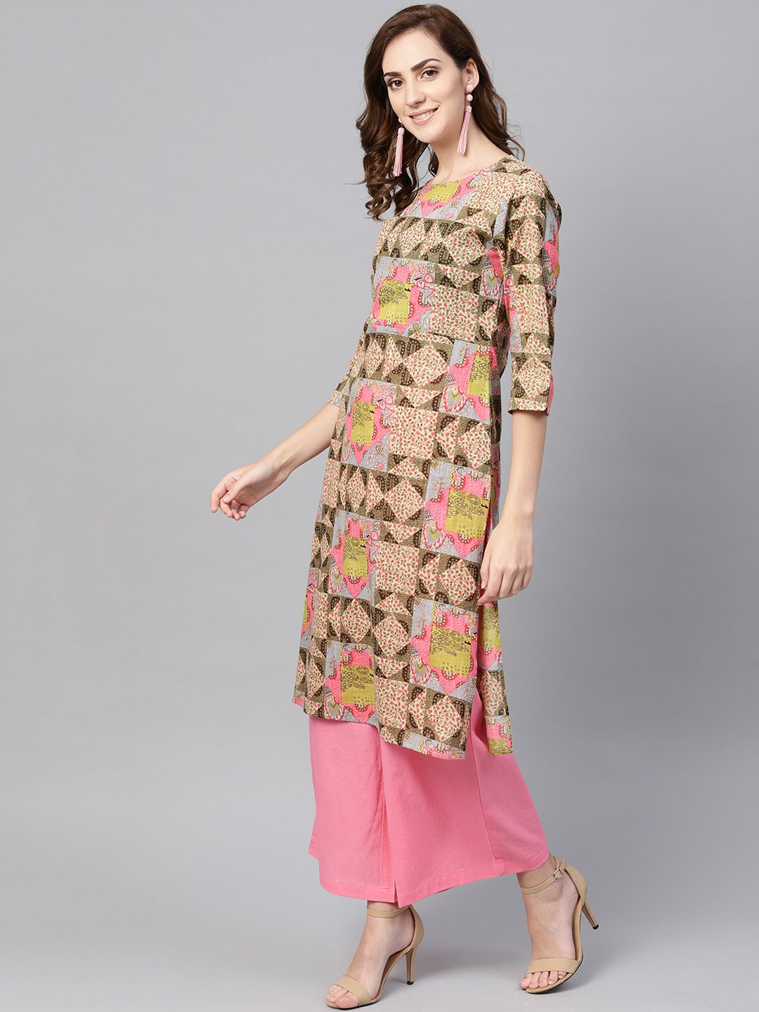 Beige Multi Colored Straight Kurta Set with Solid Light Pink Pants | NOZ2TOZ - Made In INDIA.