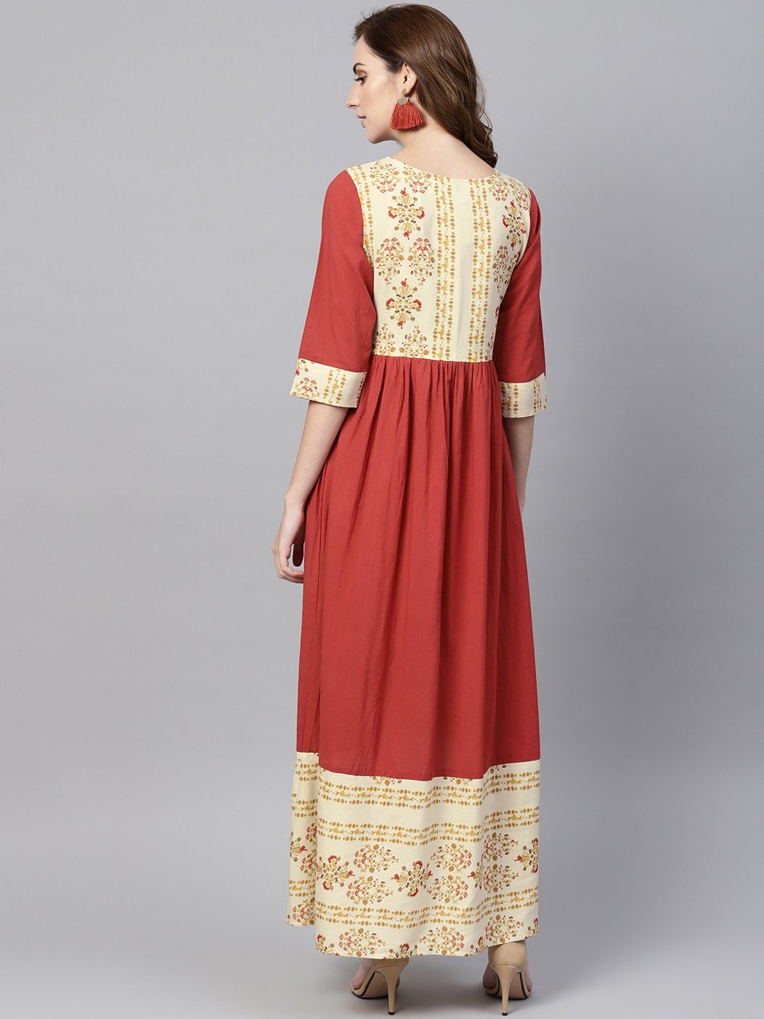 Maroon Maxi dress With Layered Printed Yoke and Cuff | NOZ2TOZ - Made In INDIA.