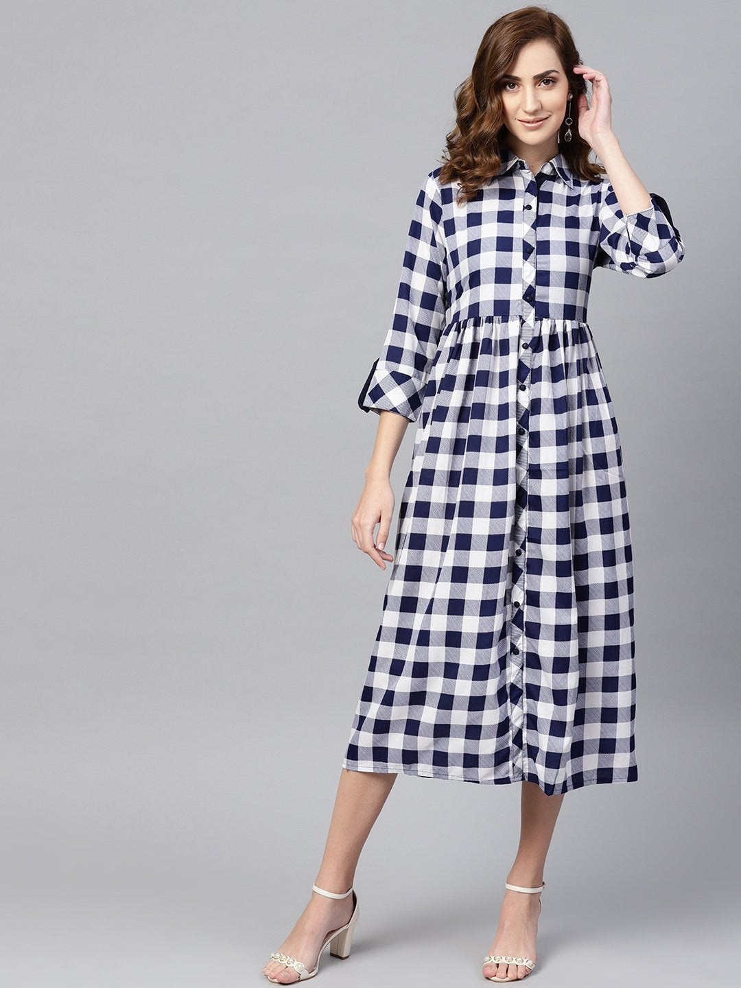 Electric Blue Checked Shirt Collar Dress with Front Placket & Cuff | NOZ2TOZ - Made In INDIA.