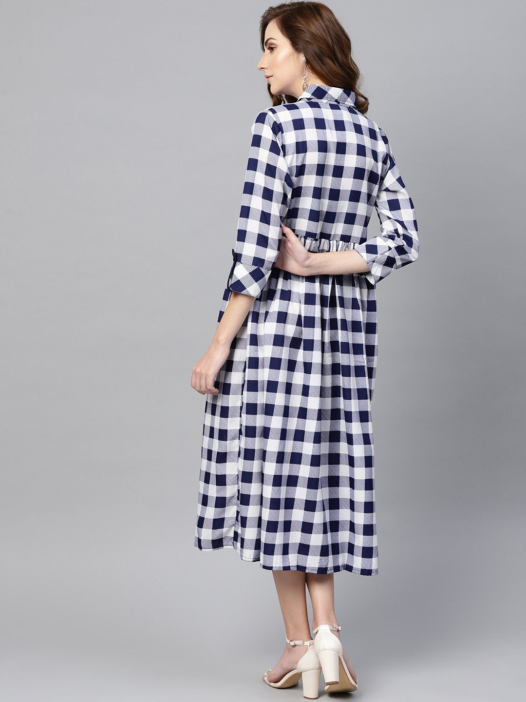 Electric Blue Checked Shirt Collar Dress with Front Placket & Cuff | NOZ2TOZ - Made In INDIA.