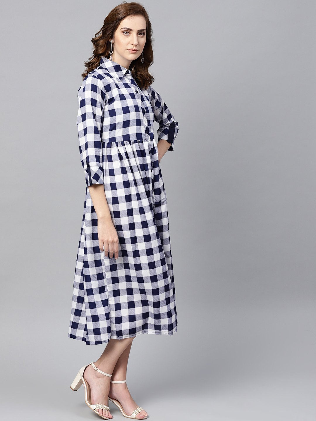 Electric Blue Checked Shirt Collar Dress with Front Placket & Cuff | NOZ2TOZ - Made In INDIA.