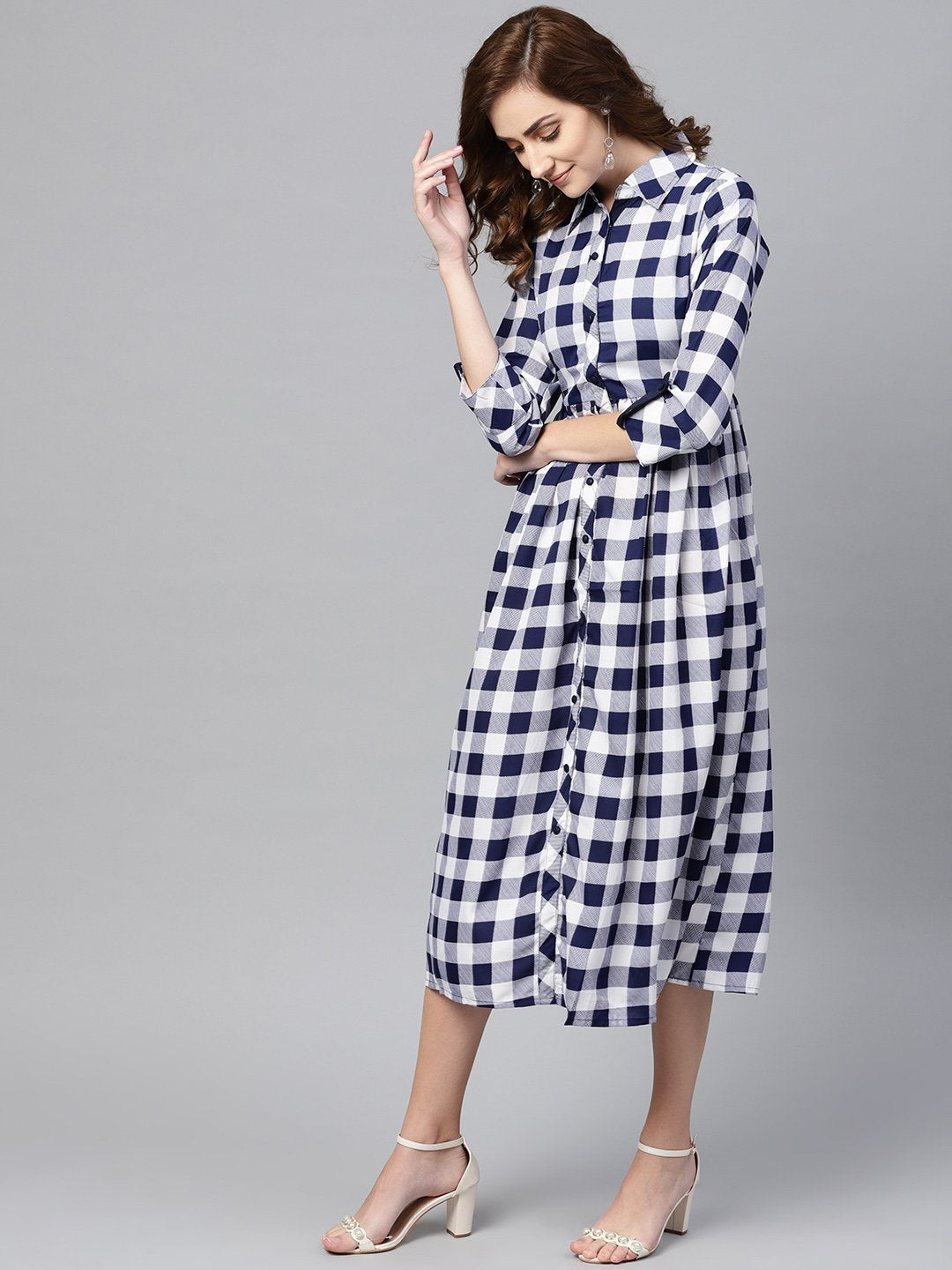 Electric Blue Checked Shirt Collar Dress with Front Placket & Cuff | NOZ2TOZ - Made In INDIA.