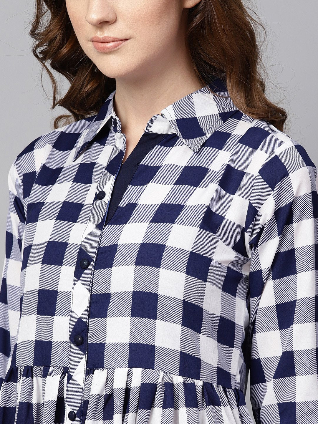 Electric Blue Checked Shirt Collar Dress with Front Placket & Cuff | NOZ2TOZ - Made In INDIA.