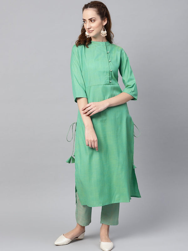 Turquoise Green Straight 3/4th sleeve cotton Kurta Set with Pants | NOZ2TOZ - Made In INDIA.