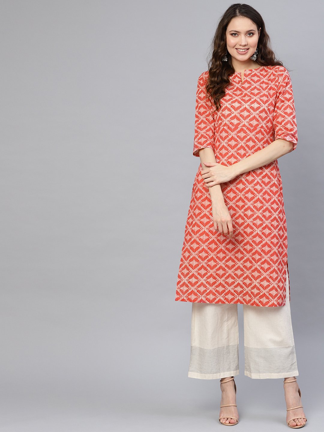 Beige printed 3/4th sleeve cotton straight Kurta | NOZ2TOZ - Made In INDIA.