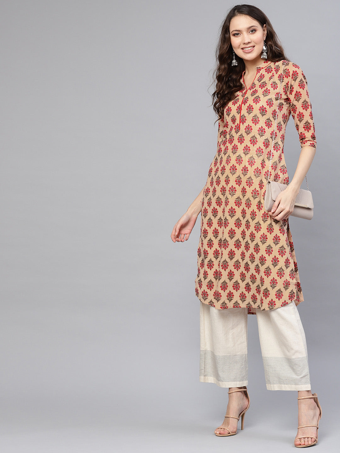 Women Beige & Red Printed Straight Kurta | NOZ2TOZ - Made In INDIA.