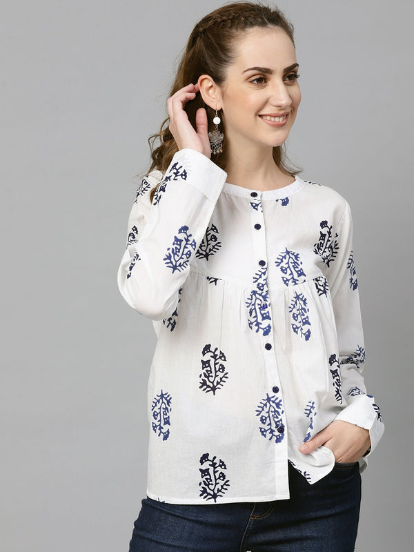 White Navy blue Printed tunic with Mandarin collar & Full Sleeves | NOZ2TOZ - Made In INDIA.