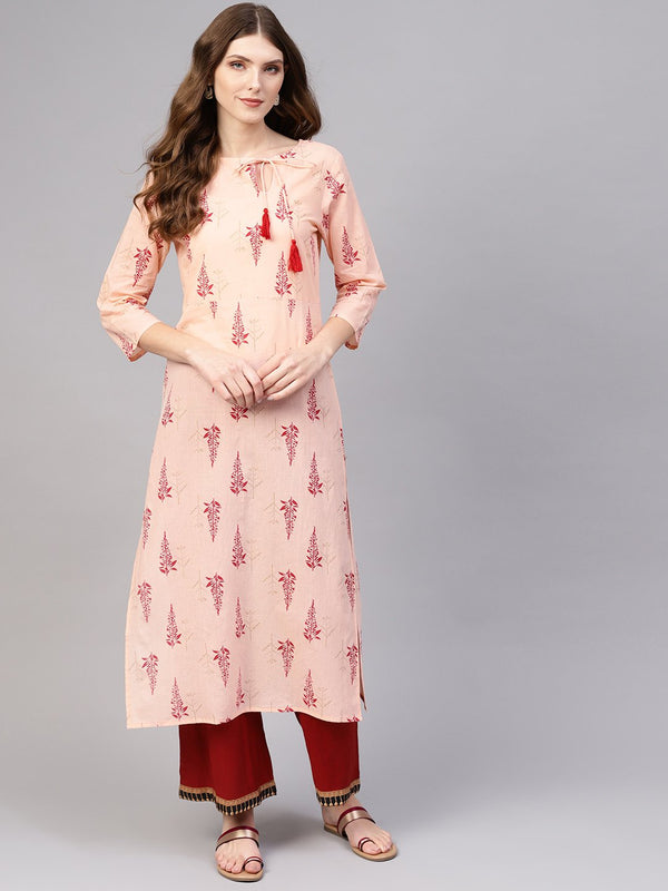 Women Peach-Coloured & Red Printed Straight Kurta | NOZ2TOZ - Made In INDIA.