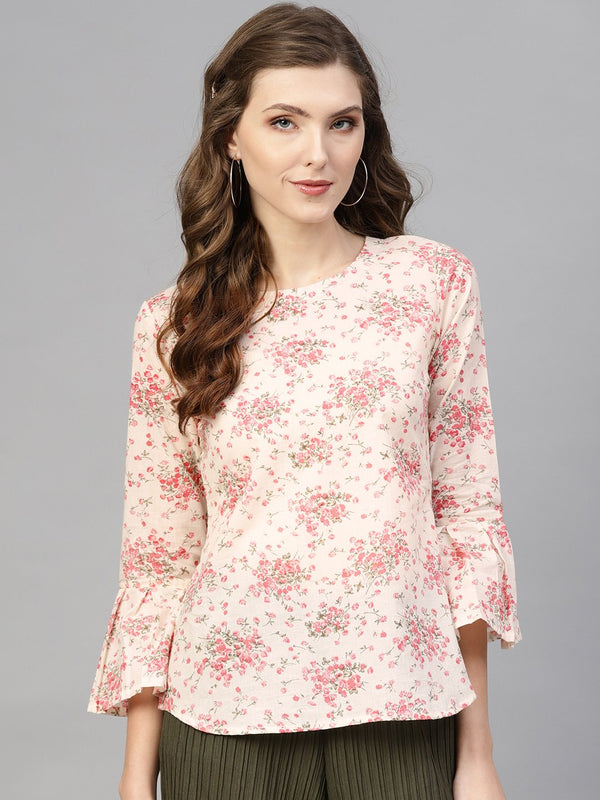 White & pink Floral printed top with Round neck & 3/4 Flared sleeves | NOZ2TOZ - Made In INDIA.