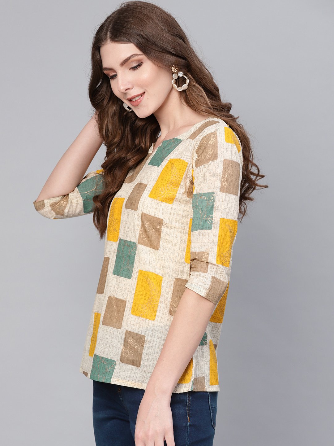 Women Off-White & Mustard Yellow Printed Top | NOZ2TOZ - Made In INDIA.