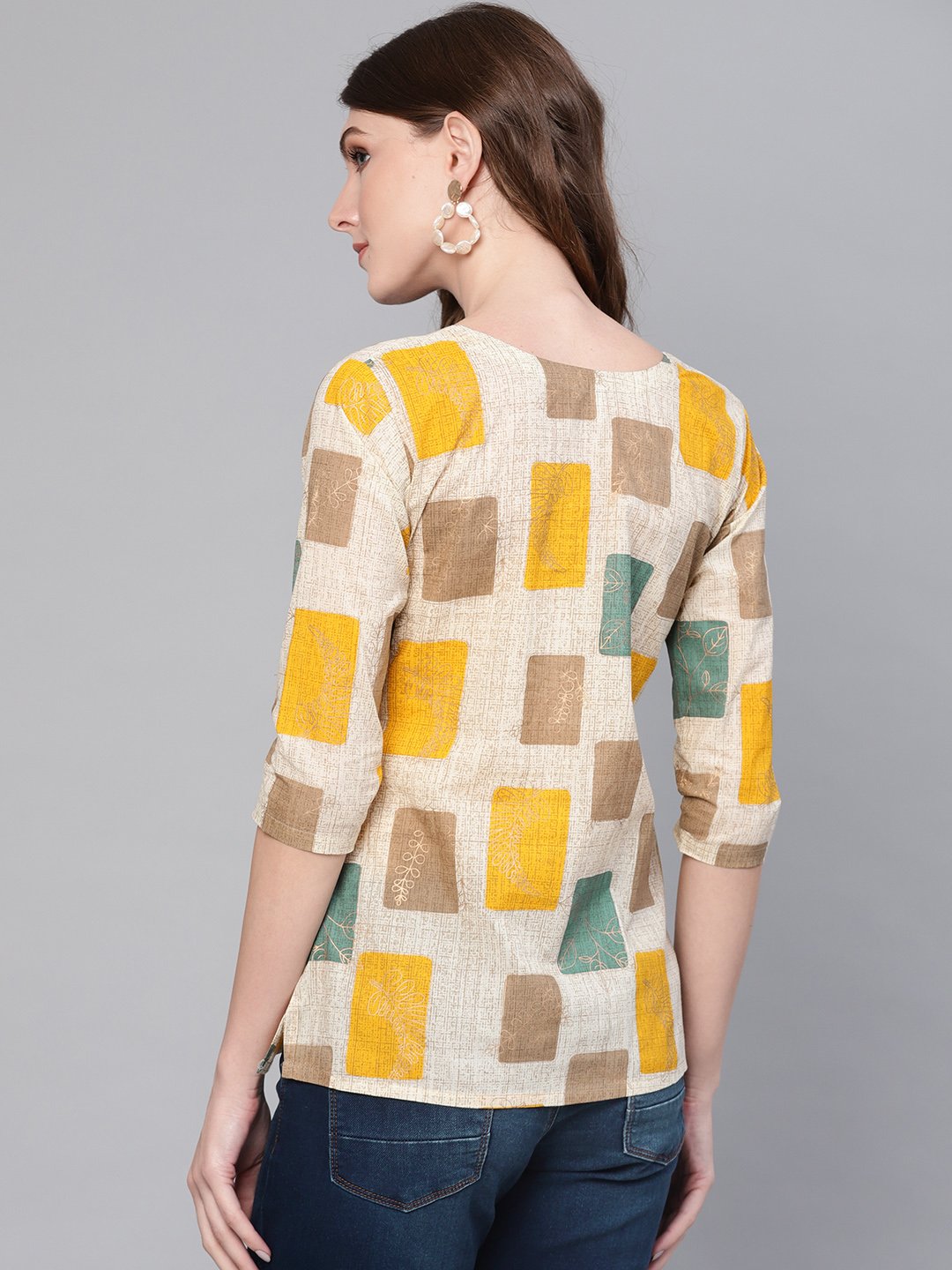 Women Off-White & Mustard Yellow Printed Top | NOZ2TOZ - Made In INDIA.