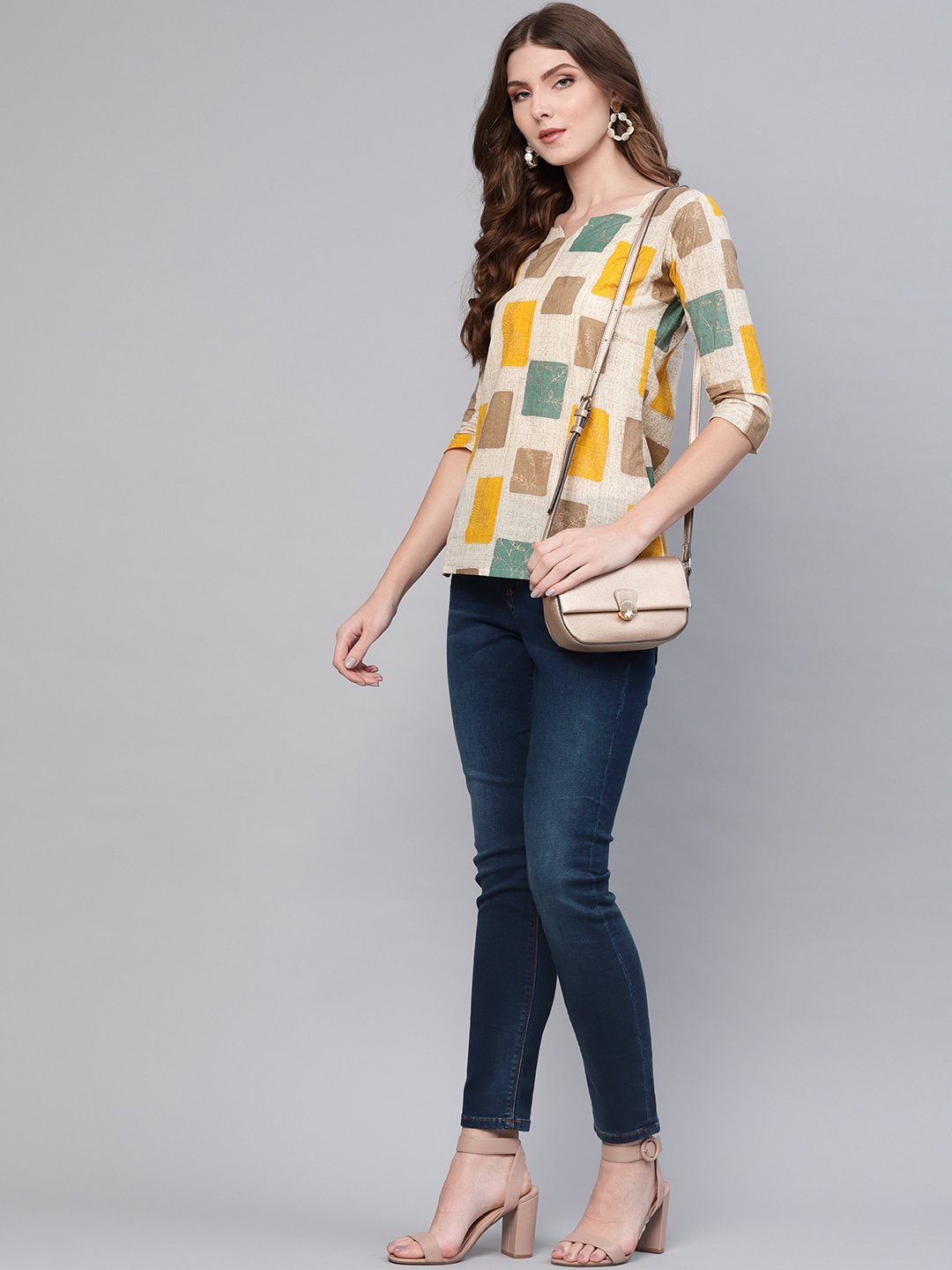 Women Off-White & Mustard Yellow Printed Top | NOZ2TOZ - Made In INDIA.