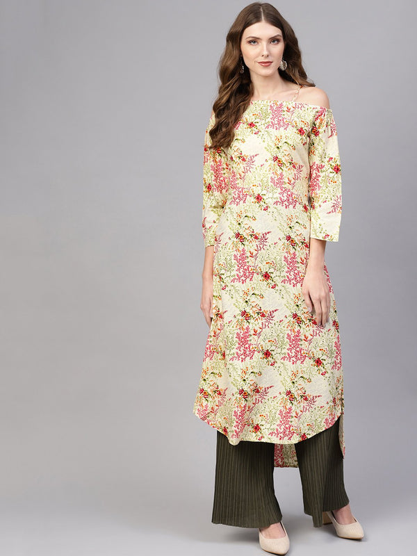 Women Cream-Coloured & Pink Off-Shoulder Printed Straight Kurta | NOZ2TOZ - Made In INDIA.