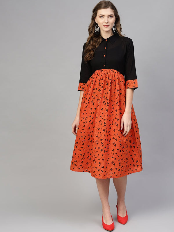 Women Black & Orange Printed A-Line Dress | NOZ2TOZ - Made In INDIA.