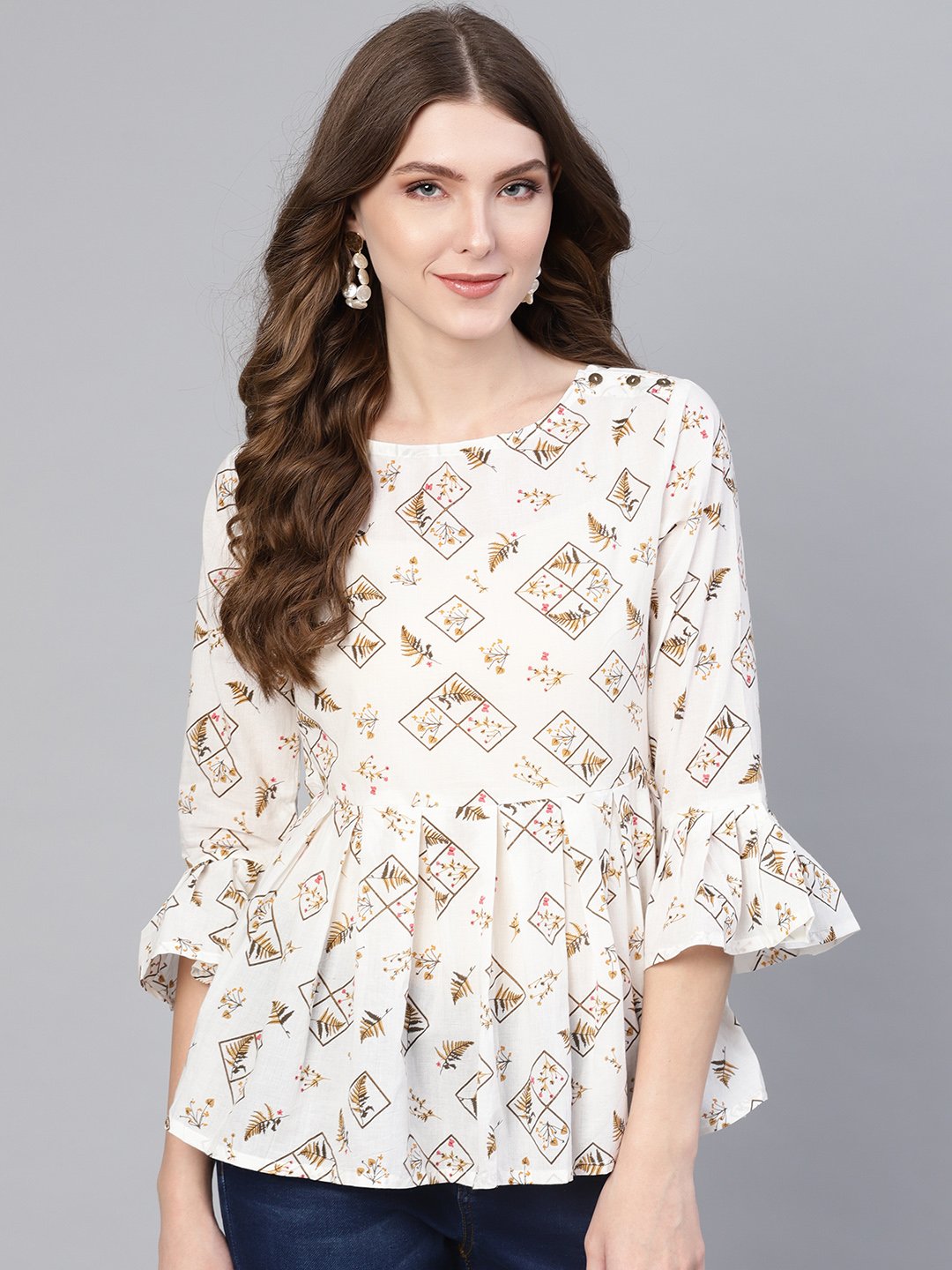 Women White & Brown Printed A-Line Top | NOZ2TOZ - Made In INDIA.