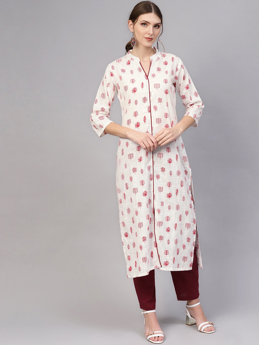 White printed madarin collered Kurta with Solid Maroon pants | NOZ2TOZ - Made In INDIA.