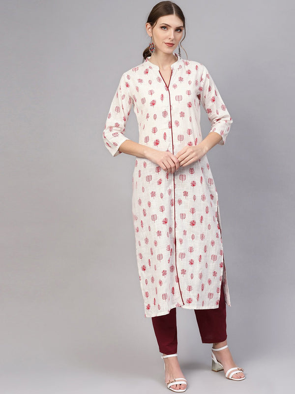 White printed madarin collered Kurta with Solid Maroon pants | NOZ2TOZ - Made In INDIA.