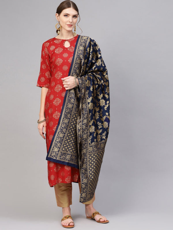 Maroon Gold printed Kurta with Gold pants & Blue Banarsi dupatta | NOZ2TOZ - Made In INDIA.