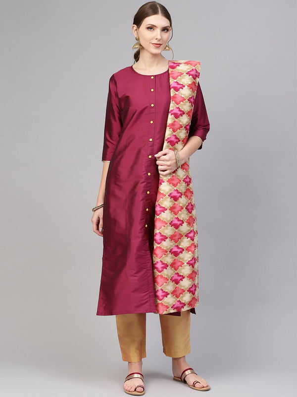 Women Magenta & Golden Solid Kurta with Trousers & Dupatta | NOZ2TOZ - Made In INDIA.