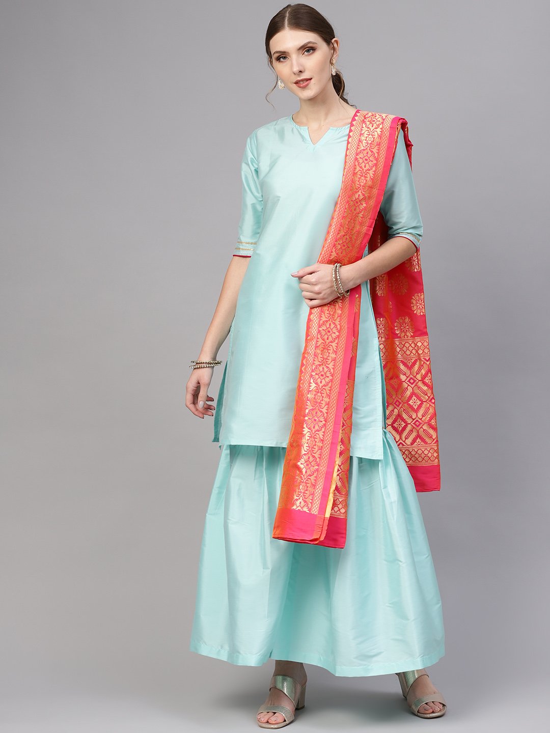 Women Blue & Pink Solid Kurta with Sharara & Dupatta | NOZ2TOZ - Made In INDIA.