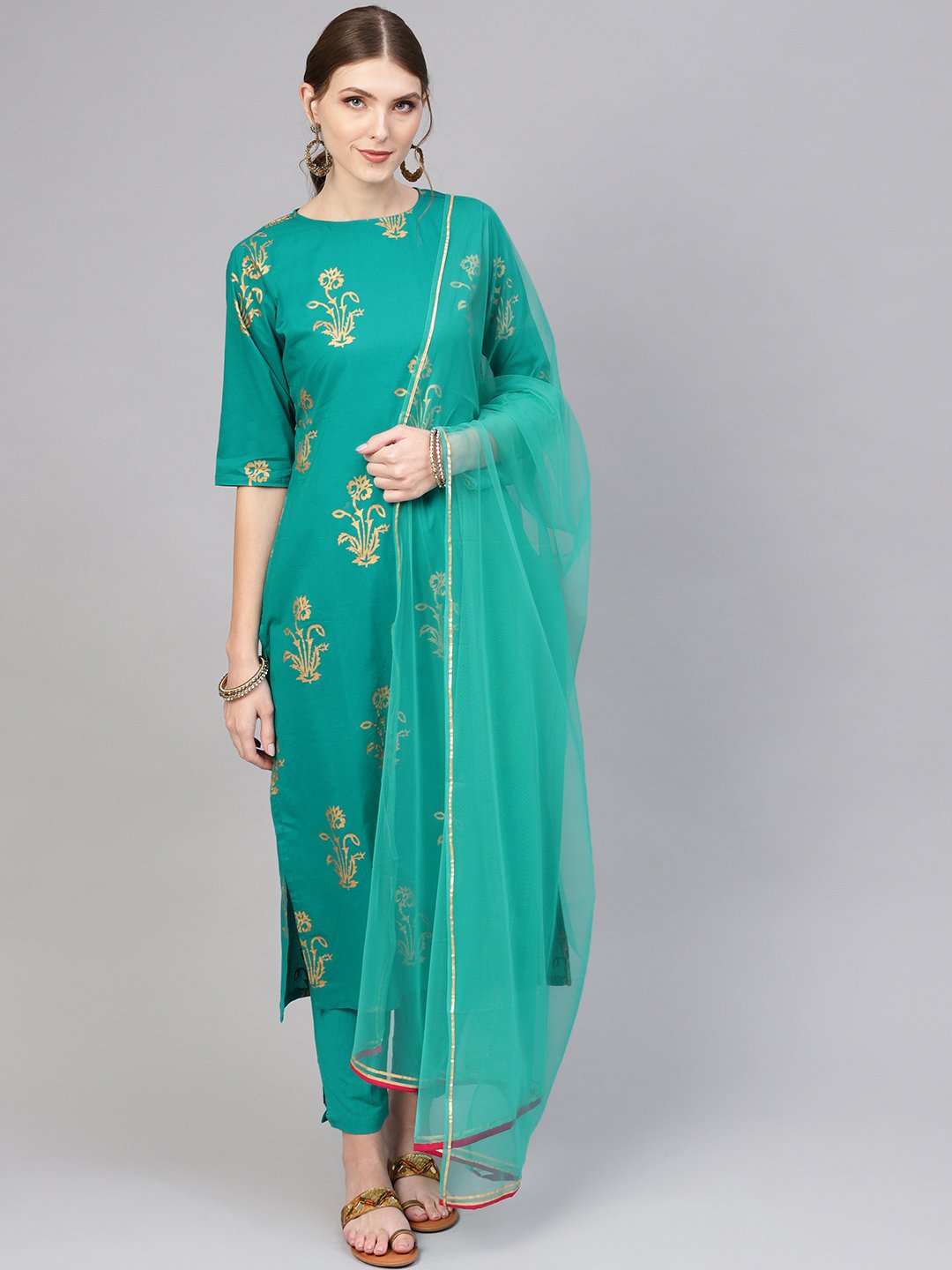 Green Gold printed Kurta with Staright pants & net dupatta | NOZ2TOZ - Made In INDIA.