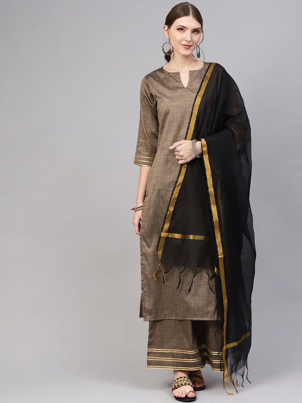 Women Brown & Black Solid Kurta with Palazzos & Dupatta | NOZ2TOZ - Made In INDIA.