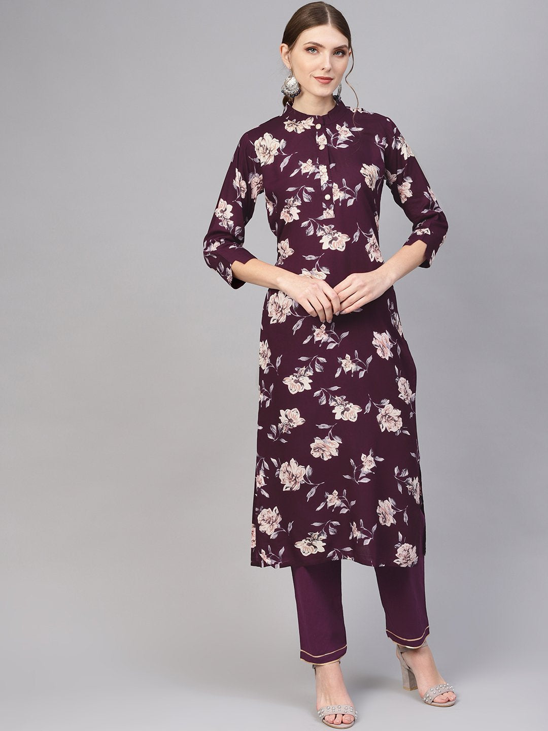 Women Aubergine & Off-White Printed Kurta with Trousers | NOZ2TOZ - Made In INDIA.