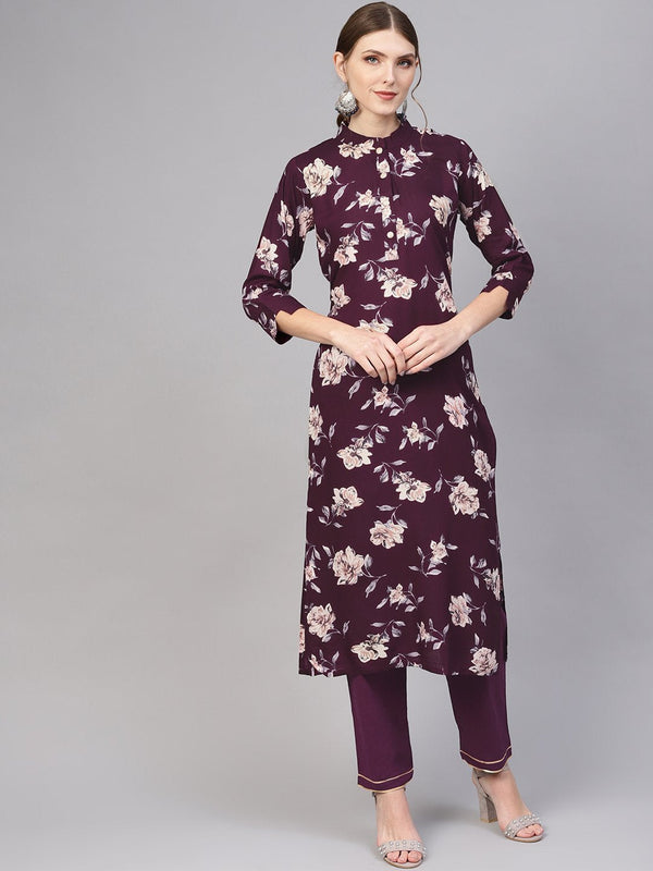 Dark Purple floral printed Straight kurta with straight pants | NOZ2TOZ - Made In INDIA.