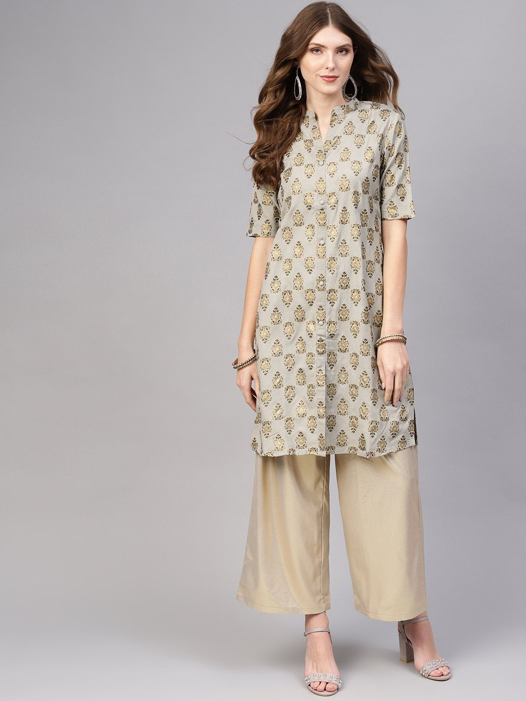 Women Grey & Golden Printed Straight Kurta | NOZ2TOZ - Made In INDIA.