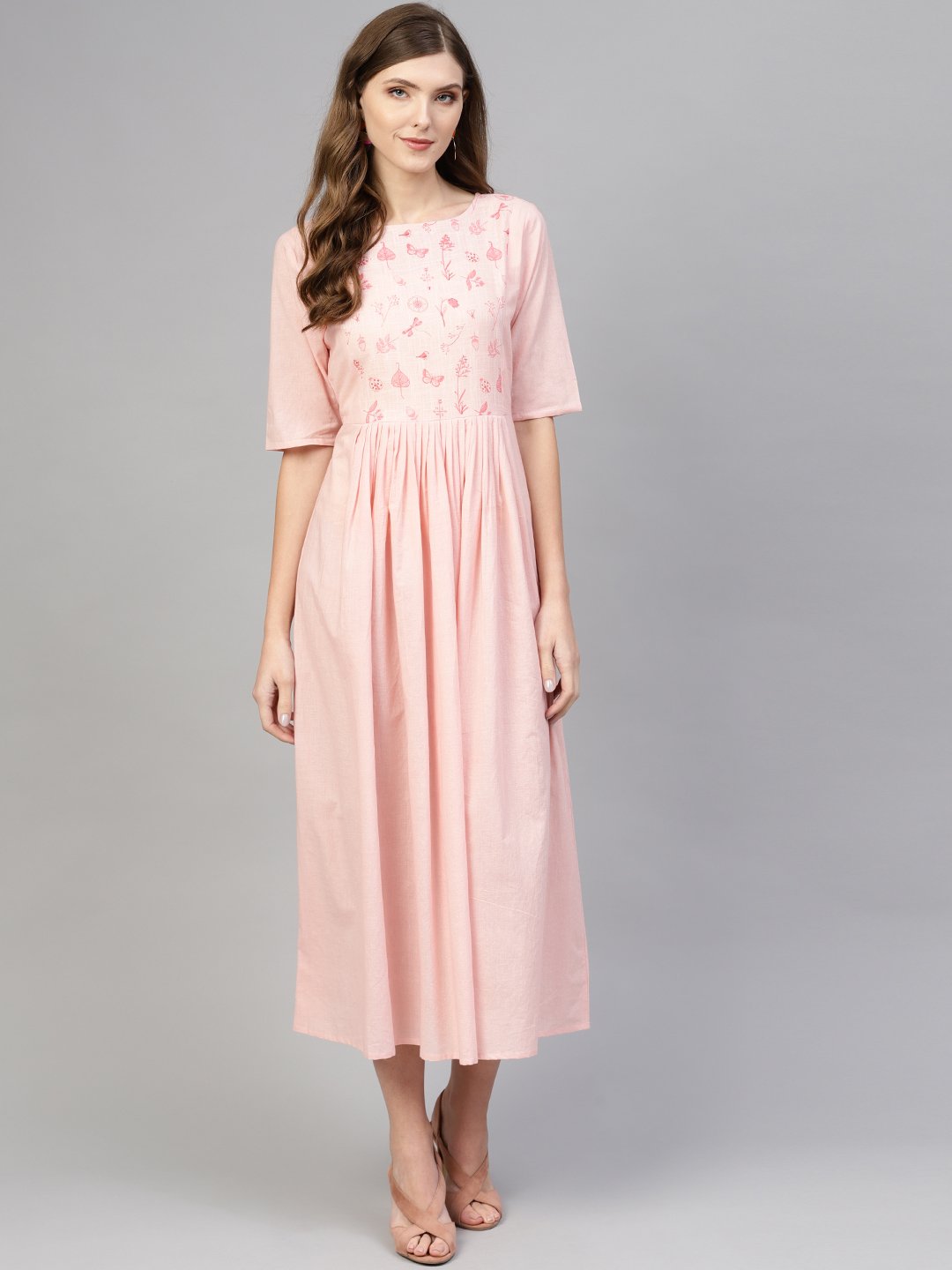 Light pink Round neck Dress with Printed Yoke & half sleeves | NOZ2TOZ - Made In INDIA.