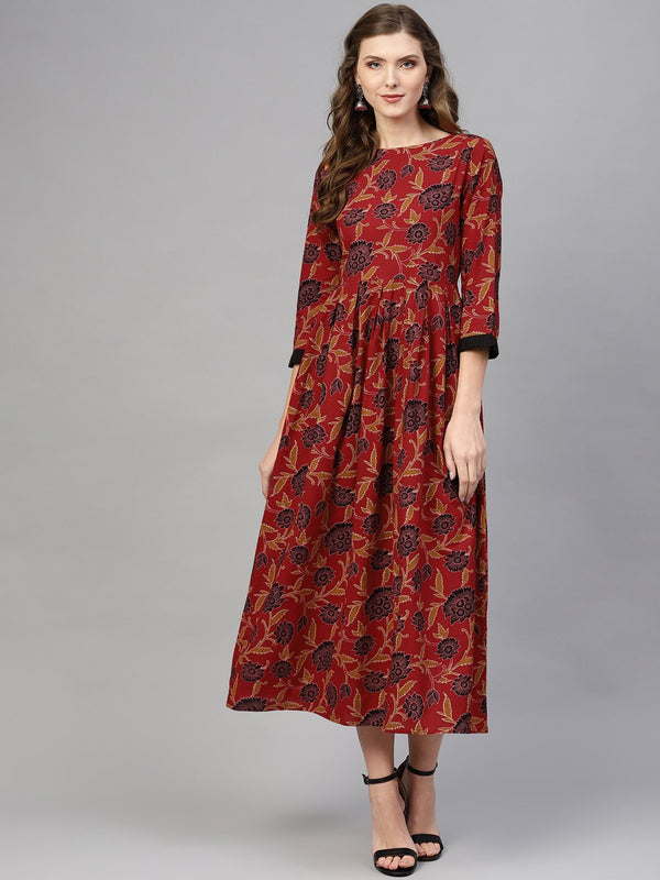 Maroon Multi colored Floral printed dress with Round neck & detaied pleated sleeves | NOZ2TOZ - Made In INDIA.