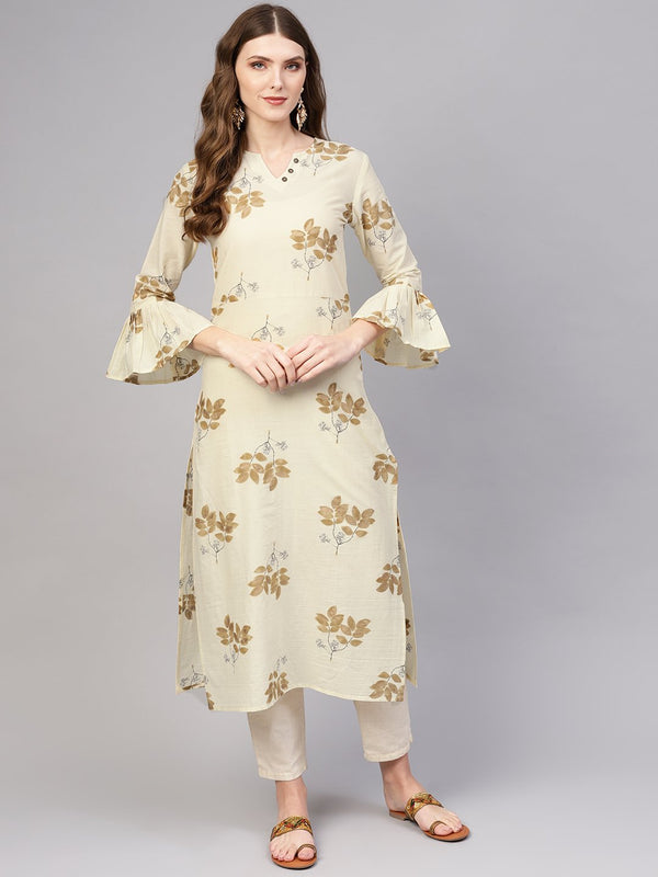 Women Cream-Coloured & Brown Cotton Printed Straight Kurta | NOZ2TOZ - Made In INDIA.