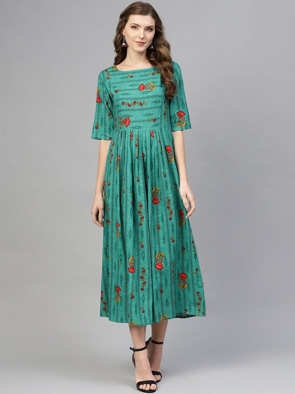 Women Green & Red Printed Maxi Dress | NOZ2TOZ - Made In INDIA.