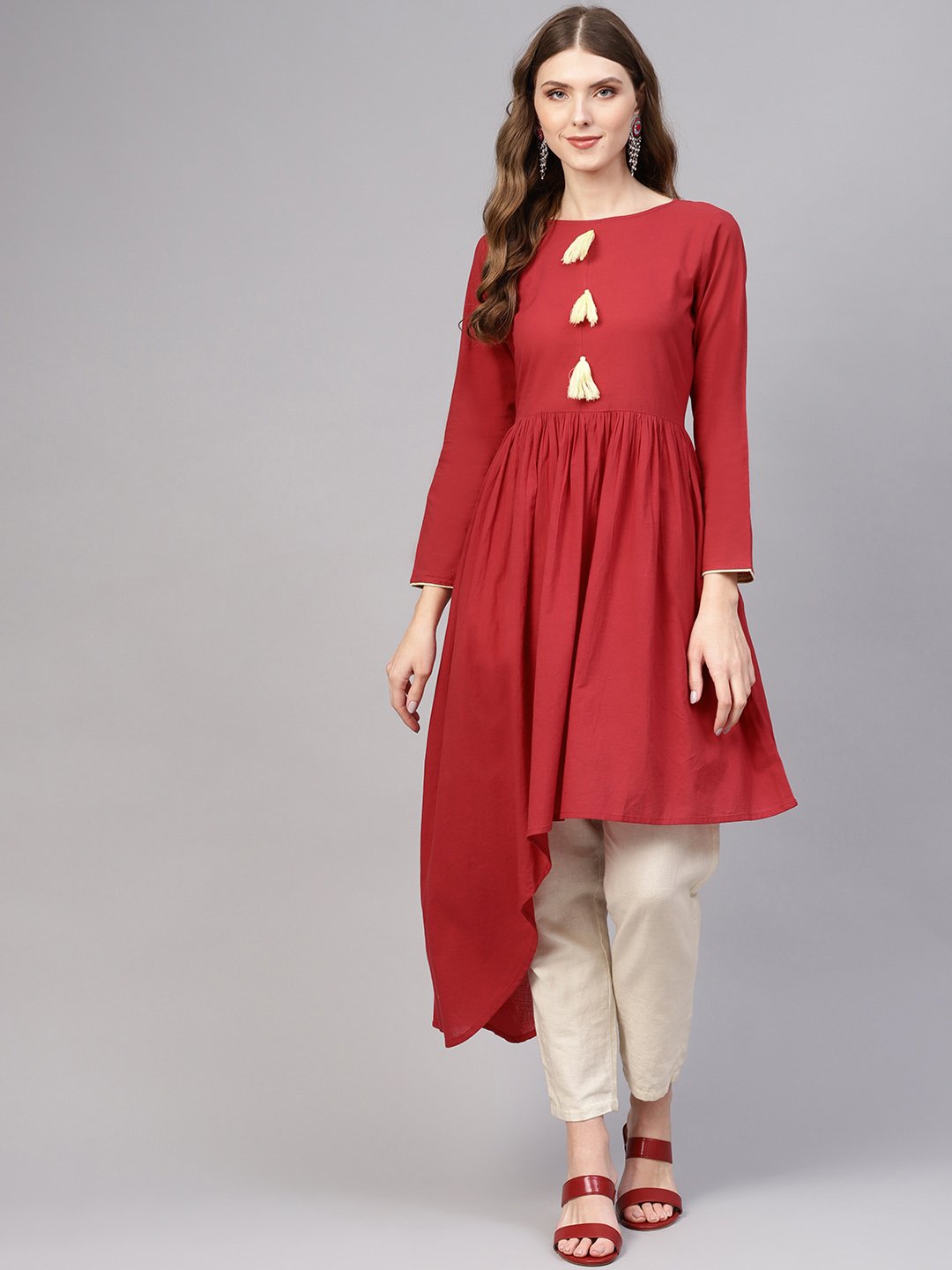 Women Maroon Solid Cotton A-Line Kurta | NOZ2TOZ - Made In INDIA.