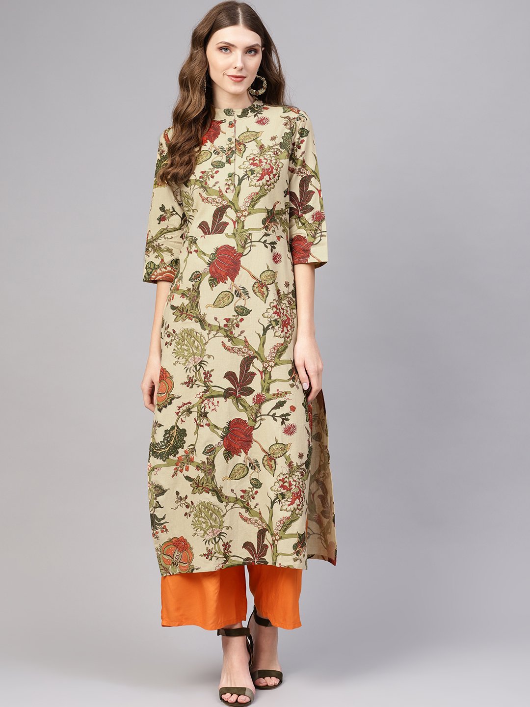 Women Beige & Olive Green Printed Cotton Straight Kurta | NOZ2TOZ - Made In INDIA.