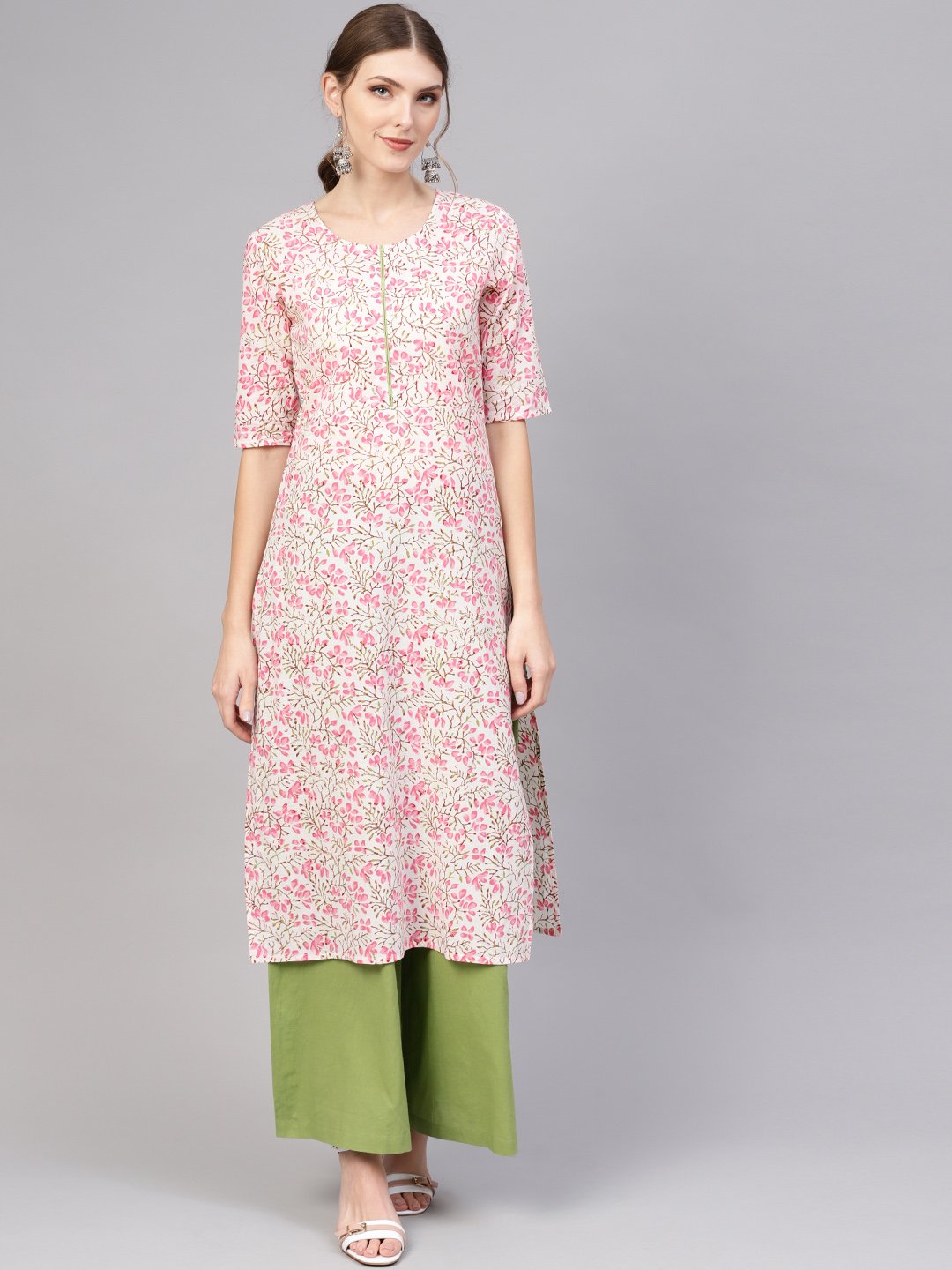 Women Pink & Green Printed Kurta with Palazzos | NOZ2TOZ - Made In INDIA.