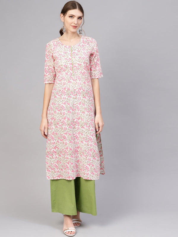 White & pink floral Printed Straight Kurta with Green Palazzo | NOZ2TOZ - Made In INDIA.