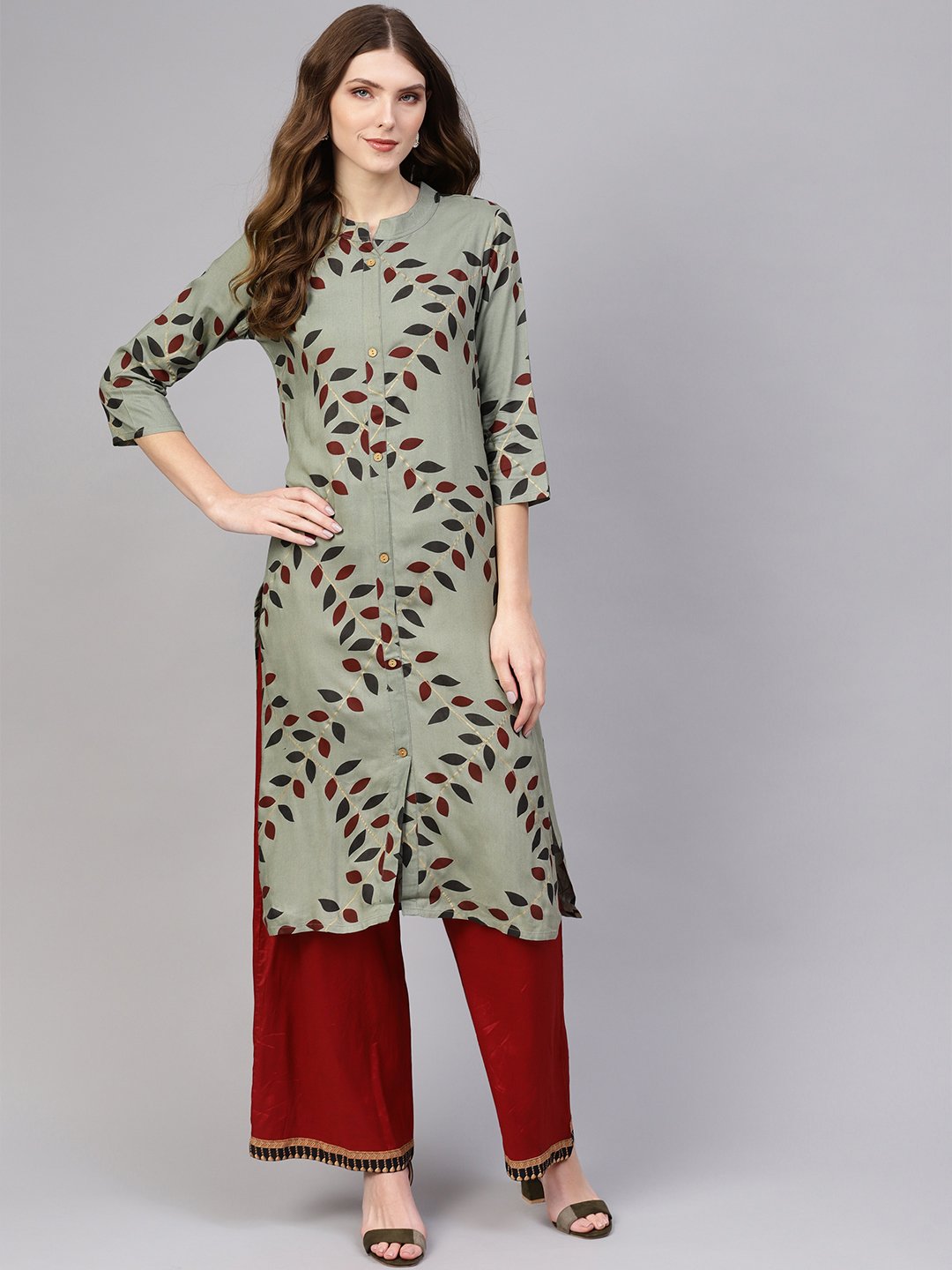 Women Olive Green & Maroon Printed Straight Kurta | NOZ2TOZ - Made In INDIA.