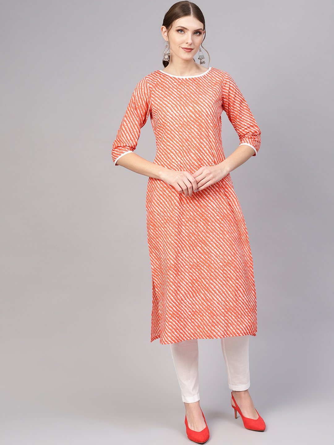 Women Orange & White Leheriya Print Kurta with Trousers | NOZ2TOZ - Made In INDIA.