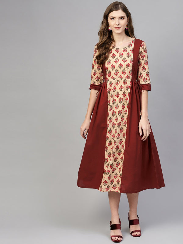 Beige & Maroon printed Panel dress with Round Neck & half sleeves | NOZ2TOZ - Made In INDIA.