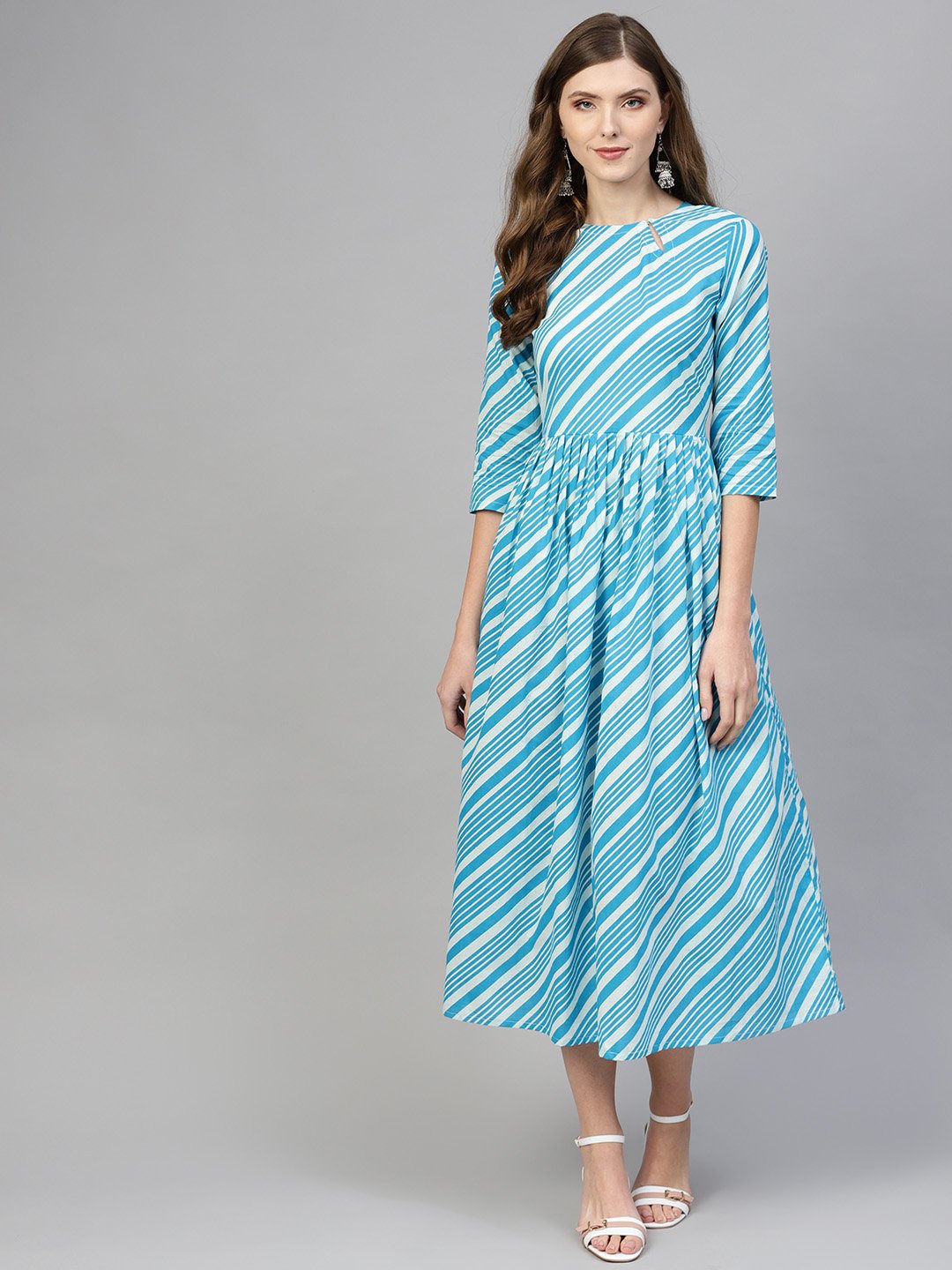 Blue & With diagonal striped dress with side keyhole & 3/4 sleeves | NOZ2TOZ - Made In INDIA.