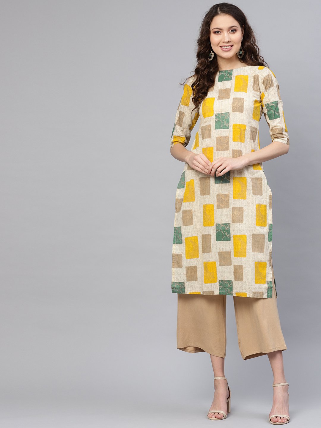 Women Off-White & Mustard Yellow Printed Straight Kurta | NOZ2TOZ - Made In INDIA.