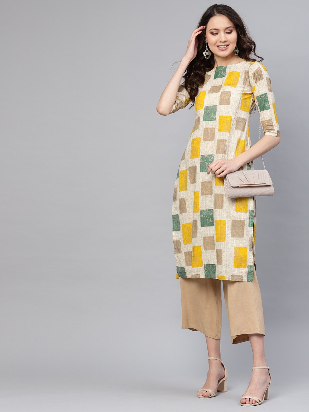 Women Off-White & Mustard Yellow Printed Straight Kurta | NOZ2TOZ - Made In INDIA.