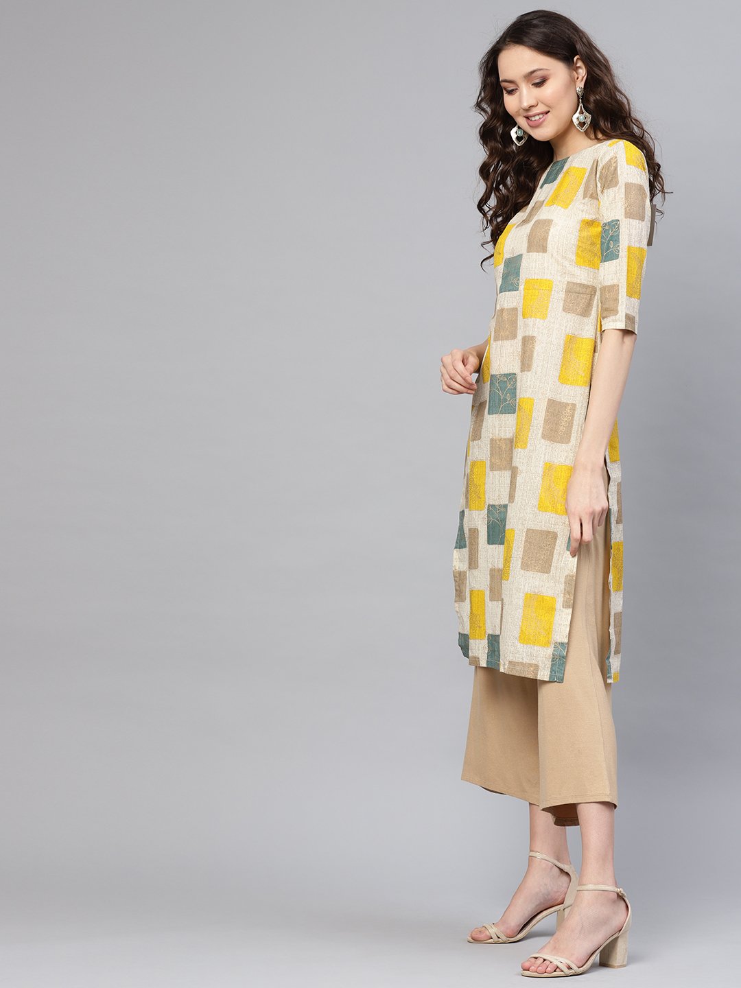 Women Off-White & Mustard Yellow Printed Straight Kurta | NOZ2TOZ - Made In INDIA.