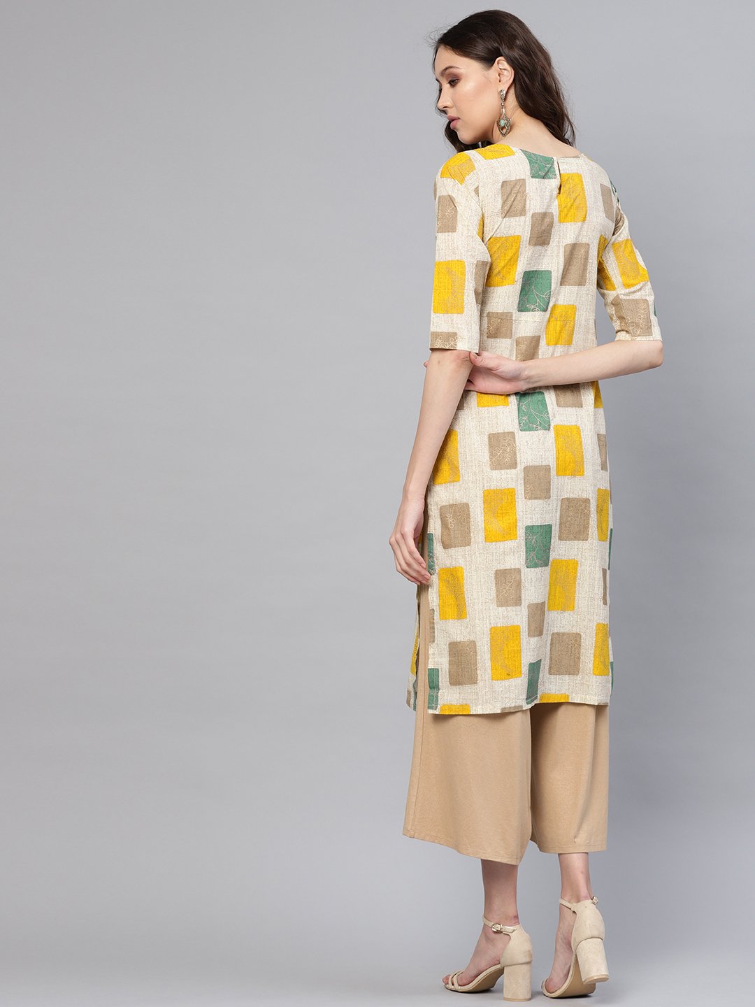 Women Off-White & Mustard Yellow Printed Straight Kurta | NOZ2TOZ - Made In INDIA.