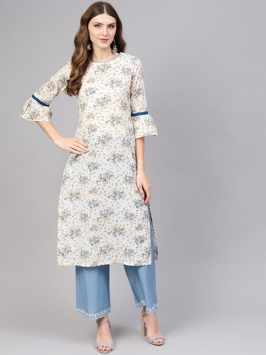 Women Off-White & Blue Printed Cotton Straight Kurta | NOZ2TOZ - Made In INDIA.